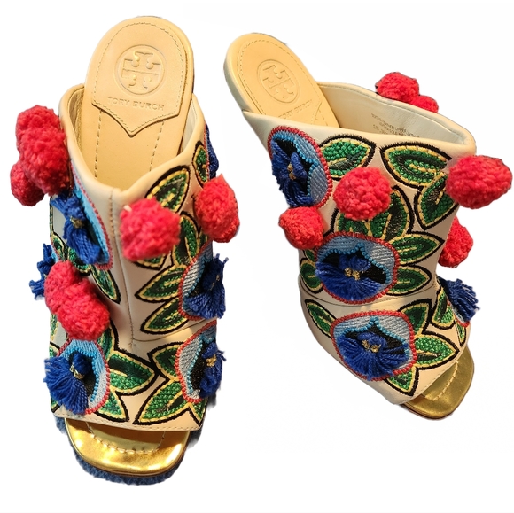 Tory Burch Ellis Pom Pom Mules - Picture 2 of 7